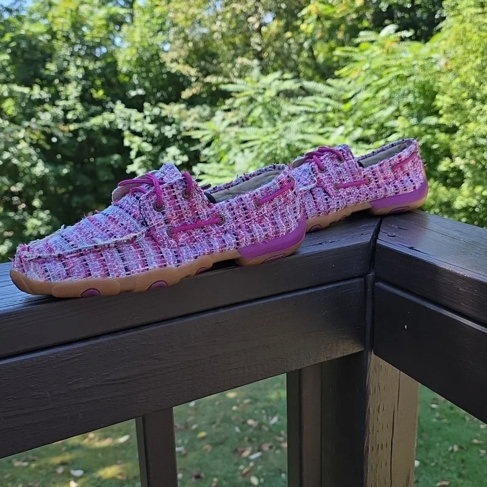 Twisted X Boots Pink Plaid Burlap Driver‎ Loafers Women's 8.5